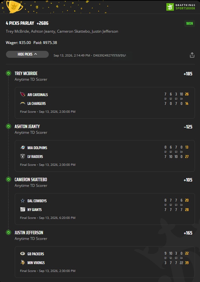 NFL 4-Leg Anytime TD Parlay +2686 — McBride / Jeanty / Skattebo / Jefferson winning bet slip